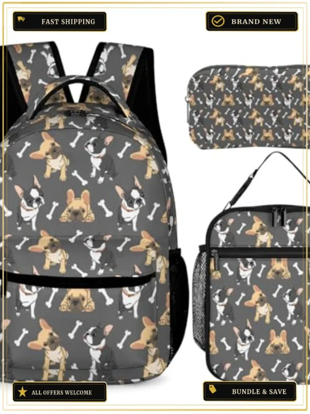 French Bulldog Backpack Set with Lunch Bag & Pencil Case, 17in 900D Nylon, Kids